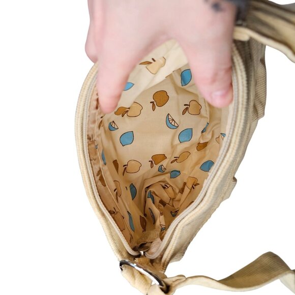 Y2K Tan Corduroy Shoulder Bag Small Beige NWT With Flower Brooch Neutral Mini - Picture 4 of 11